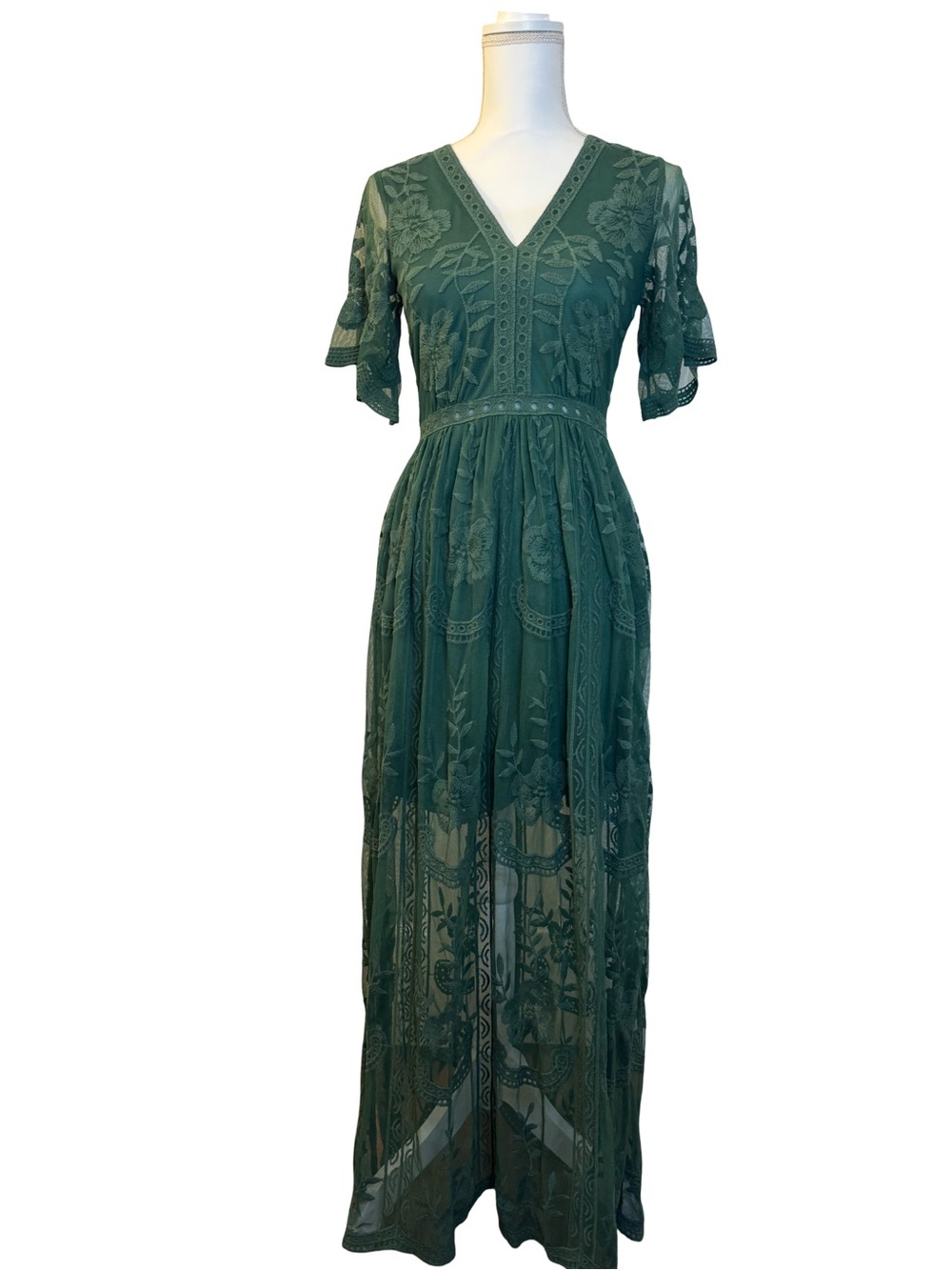 Altar'd State Dark Green Lace Overlay V-Neck Maxi Dress